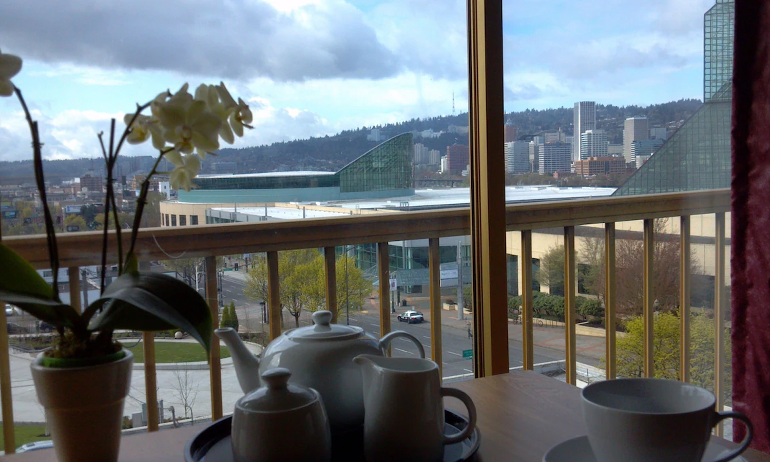 Guest room with two queen beds and a city view